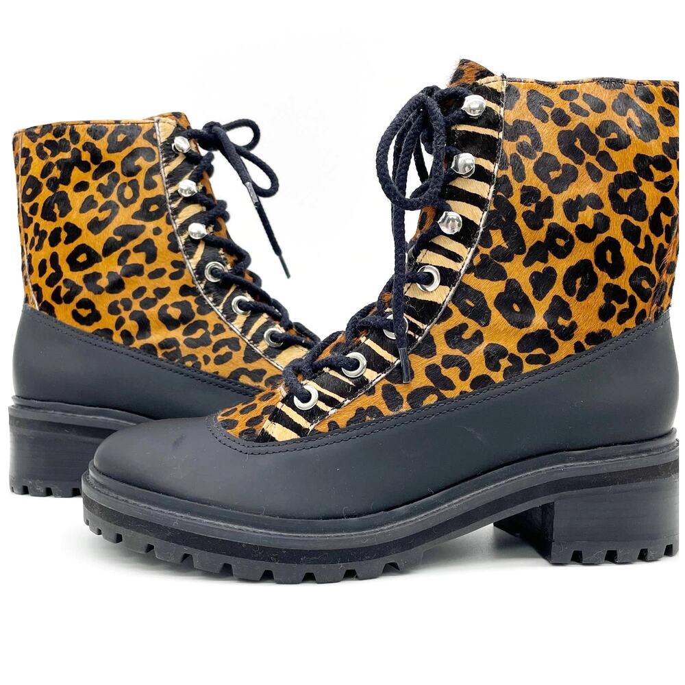 NEW Schutz Womens 9.5‎ Mafalda Leopard Print Calf Hair Combat Boots Black Tan